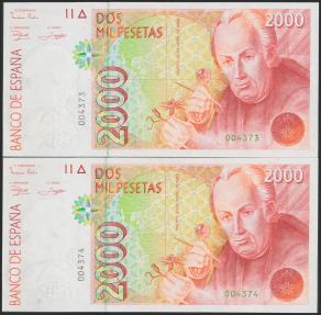 World Coins - 2000 Pesetas. 24 de Abril de 1992. Pareja correlativa. Sin serie y numeración baja. (Edifil 2017: 482). SC.