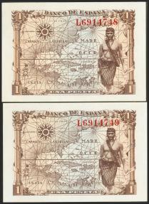 World Coins - 1 Peseta. 15 de Junio de 1945. Pareja correlativa. Serie L. (Edifil 2021: 448a). Apresto original. SC-.