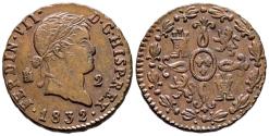 World Coins - FERNANDO VII (1808-1833). 2 Maravedís (Ae. 2,60g/19mm). 1832. Segovia. (Cal-2019-155). MBC+.