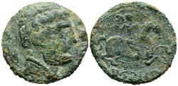 Ancient Coins - ARSAOS (Area de Navarra). As. (Ae. 7,59g/23mm). 120-80 a.C. (FAB-144). Anv: Cabeza masculina barbada a derecha, entre dos delfines. Rev: Jinete con dardo a derecha, debajo leyenda