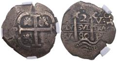 World Coins - CARLOS II (1665-1700). 2 Reales. (Ar. 6,46g/23mm). 1680. Potosí V. (Cal-2019-406). Encapsulado por NGC VF Details, Obv Damage.  Ex Heritage Auctions, Auction 61465 (20/01/2025), N