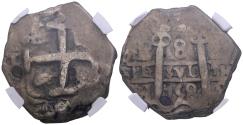 World Coins - FERNANDO VI (1746-1759). 8 Reales. (Ar. 22,83g/32mm). 1758. Potosí q. (Cal-2019-536). Encapsulado por NGC Holed-Clipped.