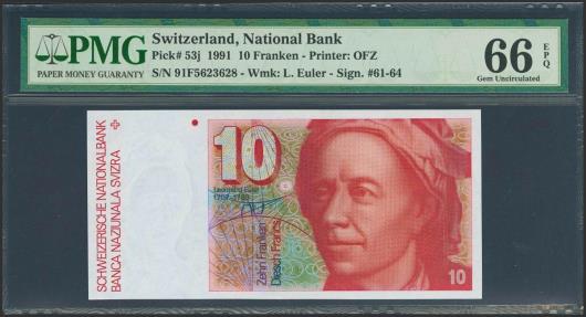 World Coins - SWITZERLAND. 10 Franken. 1991. (Pick: 53j). PMG66EPQ.