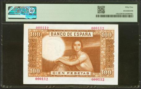 World Coins - 100 Pesetas. 7 de Abril de 1953. Sin serie y numeración extremadamente baja. (Edifil 2021: 464, Pick: 145a). Extraordinariamente raro con una numeración tan baja. EBC+. Encapsulad