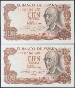 World Coins - 100 Pesetas. 17 de Noviembre de 1970. Pareja correlativa. Serie 9C. (Edifil 2017: 472d). Apresto original. SC.