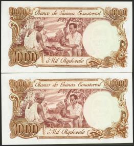 World Coins - GUINEA ECUATORIAL (billete realizado en la Fábrica Nacional de Moneda y Timbre de España). 1000 Bipkwele. Pareja correlativa. 3 de Agosto de 1979. Sin serie. (Pick: 16). Inusual,