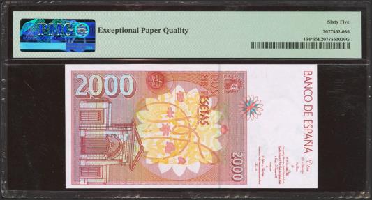 World Coins - 2000 Pesetas. 24 de Abril de 1992 (diseño modificado en 1995). Serie especial 9C. (Edifil 2023: 482Ad, Pick: 164*). Raro. SC. Encapsulado PMG65EPQ.