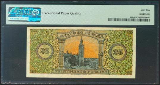 World Coins - 25 Pesetas. 20 de Mayo de 1938. Serie B. (Edifil 2021: 430a, Pick: 111a). Inusual en esta calidad, apresto original. SC. Encapsulado PMG65EPQ.