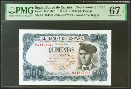 World Coins - 500 Pesetas. 23 de Julio de 1971. Serie especial 9A. (Edifil 2021: 473b, Pick: 153a*). Raro en esta excepcional calidad. SC. Encapsulado PMG67EPQ.