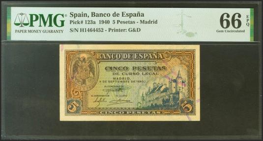 World Coins - 5 Pesetas. 4 de Septiembre de 1940. Serie H. (Edifil 2021: 443a, Pick: 123a). Raro en esta calidad, apresto original. SC. Encapsulado PMG66EPQ.