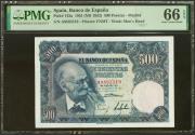 World Coins - 500 Pesetas. 15 de Noviembre de 1951. Serie A. (Edifil 2021: 460a, Pick: 142a). Rarísimo en esta excepcional calidad, apresto original. SC. Encapsulado PMG66EPQ.