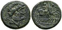Ancient Coins - TITIACOS (Tricio, La Rioja). As. (Ae. 7,40g/22mm). 120-20 a.C. (FAB-2395). Anv: Cabeza masculina barbada a derecha, detrás letra ibérica: Ti. Rev: Jinete con lanza a derecha, deba