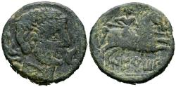 Ancient Coins - NERTOBIS (Calatorao, Zaragoza). As. (Ae. 9,35g/23mm). 120-20 a.C. (FAB-1772). Anv: Cabeza masculina barbada a derecha entre dos delfines, detrás letra ibérica N. Rev: Jinete con l