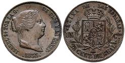 World Coins - ISABEL II (1833-1868). 25 Céntimos de Real. (Ae. 9,52g/27mm). 1855. Segovia. (Cal-2019-188). EBC-/EBC. Impurezas.