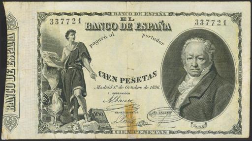 World Coins - 100 Pesetas. 1 de Octubre de 1886. Sin serie. (Edifil 2023: 294, Pick: 36). Muy raro, reparado y pequeñas roturitas. MBC-.