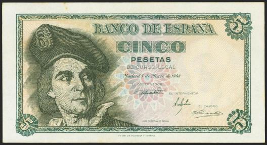 World Coins - 5 Pesetas. 5 de Marzo de 1948. Serie A. (Edifil 2021: 455a). Apresto original y manchitas. SC-.