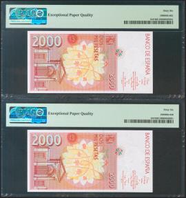 World Coins - 2000 Pesetas. 24 de Abril de 1992. Pareja correlativa. Serie especial 9D. (Edifil 2021: 482Ab, Pick: 164*). Rarísima en esta excepcional calidad, apresto original. SC. Encapsulado