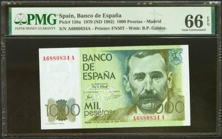 World Coins - 1000 Pesetas. 23 de Octubre de 1979. Serie A-A. (Edifil 2023: 477a, Pick: 158a). SC. Encapsulado PMG66EPQ.