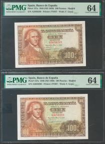 World Coins - 100 Pesetas. 2 de Mayo de 1948. Pareja correlativa. Serie A. (Edifil 2017: 456a). SC. Encapsulados PMG64, ambos.