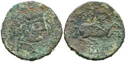 Ancient Coins - ARSAOS (Area de Navarra). As. (Ae. 12,24g/25mm). 120-80 a.C. (FAB-144). Anv: Cabeza masculina barbada a derecha, entre dos delfines. Rev: Jinete con dardo a derecha, debajo leyend