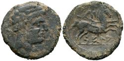 Ancient Coins - SEGIA (Ejea de los Caballeros, Zaragoza). As. (Ae. 7,33g/25mm). 120-20 a.C. (FAB-2157). Anv: Cabeza barbada masculina a derecha, detrás dos delfines. Rev: Jinete con lanza a derec
