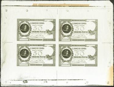 World Coins - 50 Pesetas. 30 de Noviembre de 1902. Prueba de anverso. (Edifil 2023: 309Pa). Extraordinariamente raro, especialmente en bloque de cuatro, fuelles originales del papel y manchitas