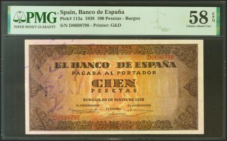 World Coins - 100 Pesetas. 20 de Mayo de 1938. Serie D. (Edifil 2021: 432a, Pick: 113a). Apresto original. EBC+++. Encapsulado PMG58EPQ.