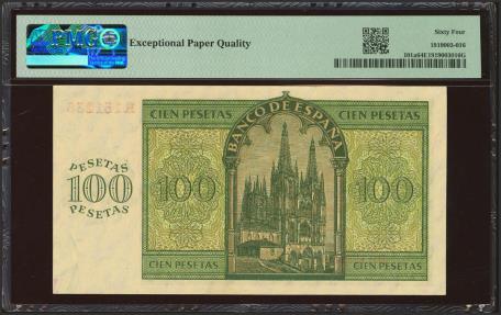 World Coins - 100 Pesetas. 21 de Noviembre de 1936. Serie R. (Edifil 2023: 421a, Pick: 101a). Inusual en esta excepcional calidad, apresto original. SC. Encapsulado PMG64EPQ.