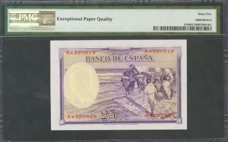 World Coins - 25 Pesetas. 31 de Agosto de 1935. Serie A. (Edifil 2017: 367a). Apresto original. SC. Encapsulado PMG65EPQ.