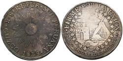 World Coins - PERU, República Sud Peruana. 8 Reales. (Ar. 26,65g/39mm). 1838. Cuzco BA. (Km# 170.4). MBC+. Vanos de acuñación. Bonita pátina. Escaso ejemplar.