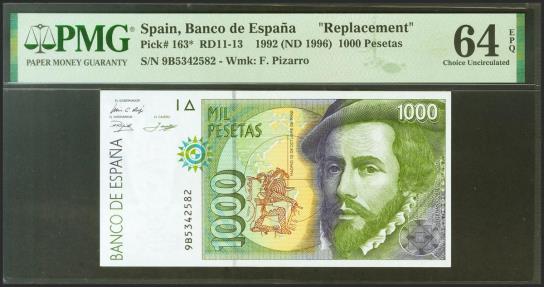 World Coins - 1000 Pesetas. 12 de Octubre de 1992. Serie especial 9B. (Edifil 2021: 483d, Pick: 163*). Apresto original. SC. Encapsulado PMG64EPQ.