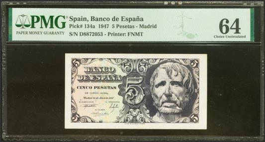World Coins - 5 Pesetas. 12 de Abril de 1947. Serie D. (Edifil 2023: 454a, Pick: 134a). SC. Encapsulado PMG64.