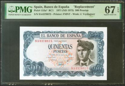 World Coins - 500 Pesetas. 23 de Julio de 1971. Serie especial 9A. (Edifil 2021: 473b, Pick: 153a*). Extraordinariamente raro en esta excepcional calidad. Encapsulado PMG67EPQ.