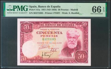World Coins - 50 Pesetas. 31 de Diciembre de 1951. Serie B. (Edifil 2021: 462a, Pick: 141a). Rarísimo en esta calidad, apresto original. SC. Encapsulado PMG66EPQ.