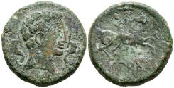 Ancient Coins - OCALACOM (Posiblemente Oncala, Soria). As. (Ae. 8,93g/23mm). 120-20 a.C. (FAB-1860; ACIP 1864, catalogada como R5). Anv: Cabeza masculina a derecha entre dos delfines. Rev: Jinete