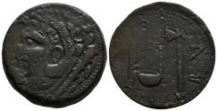Ancient Coins - GADES (Cádiz). Sestercio. (Ae. 35,81g/32mm). 27 a.C.-14 d.C. (FAB-1364). Anv: Cabeza de Hércules a izquierda, detrás clava. Rev: Cuchillo, símpulo y hacha, alrededor leyenda con l