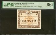 World Coins - ANDORRA. 1 Pesseta. 19 de Diciembre de 1936. Sin serie. (Edifil 2021: 3, Pick: 6). Raro, especialmente en esta excepcional calidad, apresto original. Encapsulado PMG66EPQ.