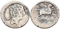 Ancient Coins - SECOBIRICES (Saelices, Cuenca). Denario. (Ar. 4,44g/21mm). 120-30 a.C. (FAB-2169). Anv: Cabeza masculina a derecha, detrás creciente y un punto, debajo letra ibérica: S. Rev: Jine
