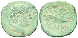 Ancient Coins - ARSAOS (Zona de Navarra). As. (Ae. 7,00g/23mm). 120-80 a.C. (FAB-144). Anv: Cabeza masculina y barbada a derecha entre dos delfines. Rev: Jinete con dardo a derecha, debajo de lín