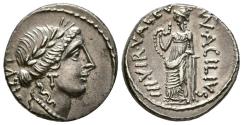 Ancient Coins - GENS ACILIA. Denario. (Ar. 3,90g/17mm). 55 a.C. Roma. (Crawford 442/1a; FFC 96). Anv: Cabeza laureada de Salus a derecha, detrás leyenda: SALVTIS. Rev: Salus estante a izquierda a