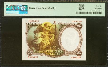 World Coins - 25 Pesetas. 25 de Abril de 1931. Sin serie. (Edifil 2023: 358, Pick: 81). Inusual en esta excepcional calidad, apresto original. SC. Encapsulado PMG65EPQ.