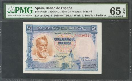 World Coins - 25 Pesetas. 31 de Agosto de 1935. Serie A. (Edifil 2017: 367a). Apresto original. SC. Encapsulado PMG65EPQ.
