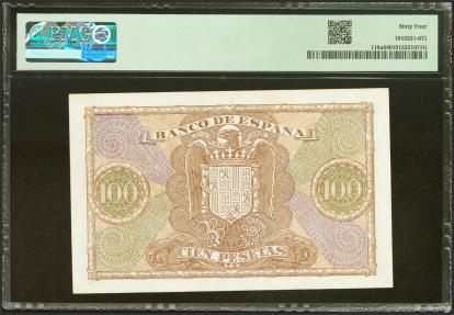 World Coins - 100 Pesetas. 9 de Enero de 1940. Serie E. (Edifil 2023: 438a, Pick: 118a). Inusual en esta calidad. SC. Encapsulado PMG64.