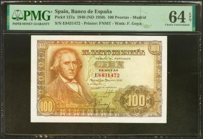 World Coins - 100 Pesetas. 2 de Mayo de 1948. Serie E. (Edifil 2023: 456a, Pick: 137a). Apresto original. SC. Encapsulado PMG64EPQ.
