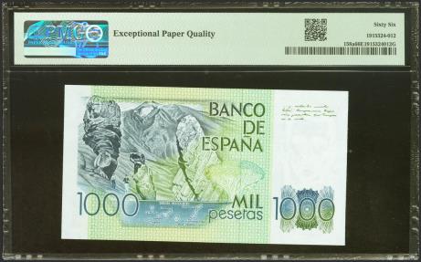 World Coins - 1000 Pesetas. 23 de Octubre de 1979. Serie A-A. (Edifil 2023: 477a, Pick: 158a). SC. Encapsulado PMG66EPQ.