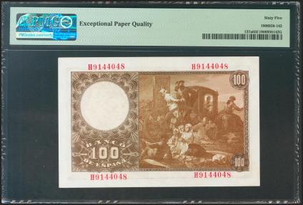 World Coins - 100 Pesetas. 2 de Mayo de 1948. Serie H. (Edifil 2021: 456a, Pick: 137a). Raro en esta calidad, apresto original. SC. Encapsulado PMG65EPQ.