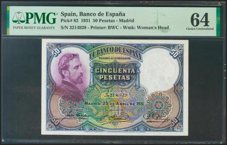 World Coins - 50 Pesetas. 25 de Abril de 1931. Sin serie. (Edifil 2021: 359, Pick: 82). Muy raro en esta calidad. SC. Encapsulado PMG64.