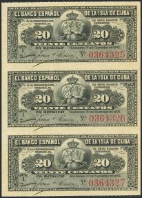 World Coins - BANCO ESPAÑOL DE LA ISLA DE CUBA. Conjunto de 3 billetes correlativos de 20 Centavos (sin desprender), emitidos el 15 de Febrero de 1897 (Edifil 2023: 85, Pick: 53a). Apresto orig