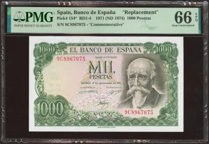 World Coins - 1000 Pesetas. 17 de Septiembre de 1971. Serie especial 9C. (Edifil 2021: 474d, Pick: 154*). Muy raro en esta excepcional calidad, apresto original. SC. Encapsulado PMG66EPQ.