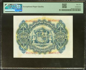 World Coins - 100 Pesetas. 30 de Junio de 1906. Serie B. (Edifil 2023: 313a, Pick: 59a). Apresto original. EBC++. Encapsulado PMG55EPQ.